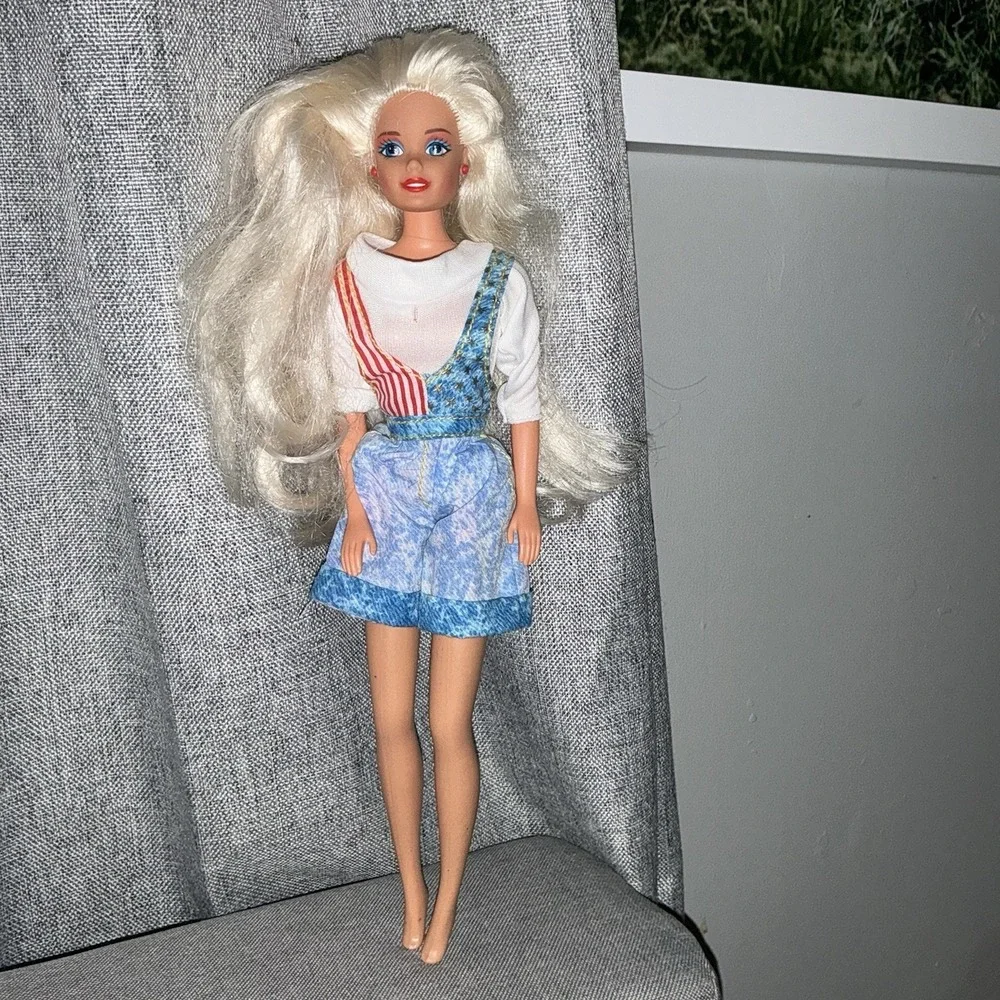 Vintage 90s Barbie Doll Acid Wash Denim Overalls Red White Blue American Flag